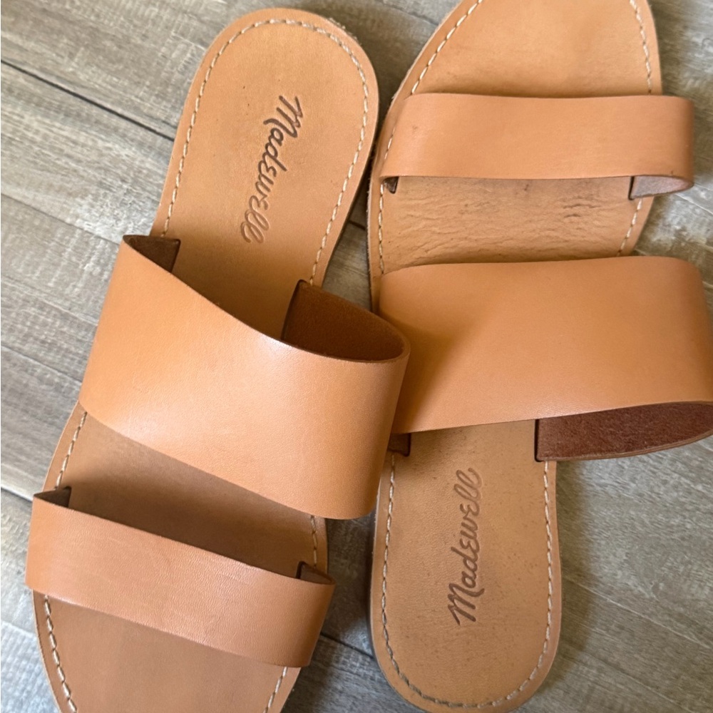 Madewell Leather Tan Slide Sandal with Double Stitching - Picture 3 of 4